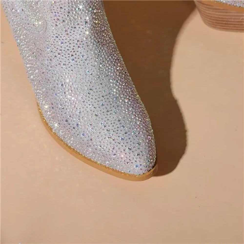 Women's Rhinestone Cowboy Boots Sparkly Knee High Boots Fashion Pointed - Picture 7 of 8